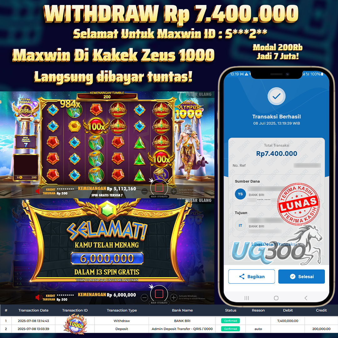 UG300 KAKEK ZEUS 1000 MAXWIN  Rp.7,400,000- DI BAYAR TUNTAS